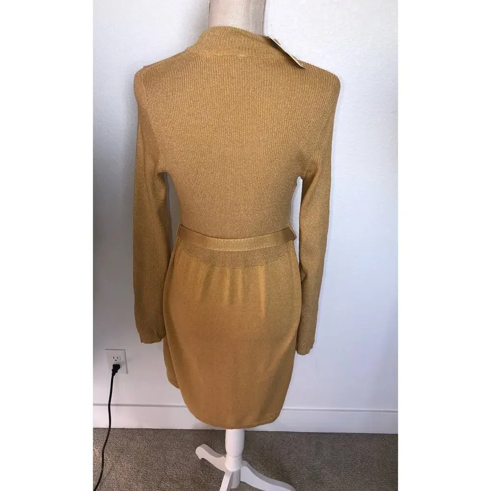 Free People French Girl Gold Metallic Mini Sweater Dress - L